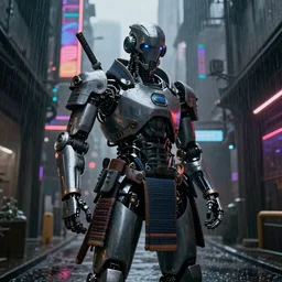 a futuristic robot inspired by 18th century samurai. Rainy Grungy neon cyberpunk alleyways in the background Badass pose , Photo realistic , Gregory Crewdson , Award winning. Masterpiece, exquisite detail, post processing