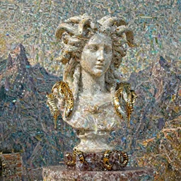 a marble bust of medusa on an onyx pedastal, snakes dripping gold, mountains in background, 4k, trending on artstation, photorealistic, volumetric lighting, octane render,