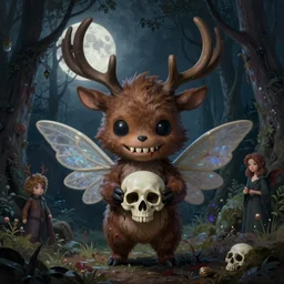 matte symmetrical portrait of cute evil furry brown chibi mammal with elk antlers sharp teeth dripping blood and fairy wings holding a skull in a moonlit enchanted forest by dave dorman hieronymus bosch, cyril rolando, esher and natalie shau, whimsical, profound, impossible, dark, atmospheric, brooding, digital painting, intricate.