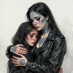 Hot young woman, grey skin, void eyeballs, tattoos, wearing a leather jacket, hugging a shrouded person as they cry on her chest, comforting, touching, wholesome, painting, art, watercolour, siblings 4k, 8k