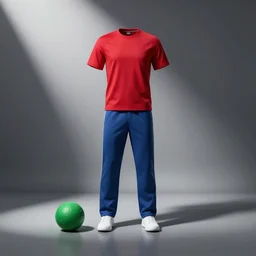 a red! shirt!, blue! trousers!, a green! ball!