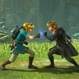 Harry Potter fighting Link in Legend of Zelda Breath of the Wild, 4k screencapture