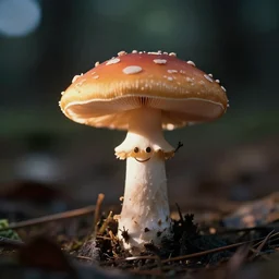 outdoors, a tiny mushroom with smiley face and arms, anamorphic, dramatic lighting, professional macro photography, kodak ektar film