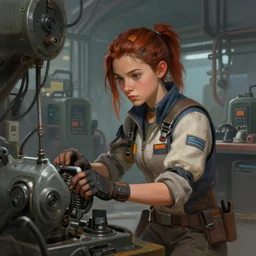 a portrait digital painting of a young girl that looks a bit like aloy from horizon : new dawn. she's wearing a mechanics uniform and has been working on some large machinery. factory background, heavy machines. electronics. concept art. trending on artstation. painted by artgerm, ross tran.