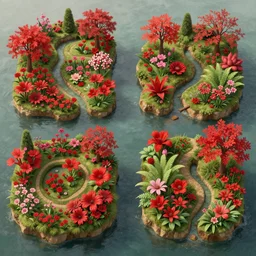 a gorgeous very early spring series of lush islands separated by flower - lined streams, twisted gardens, flowers, fern fronds, all red, painting by barlowe wayne maxfield parrish and marco mazzoni. very little light verdancy. ultra clear detailed. all foliage is red. 3 d, octane render