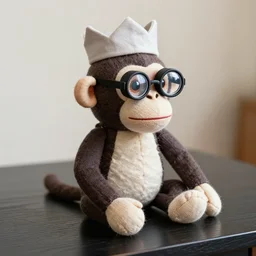 a cloth monkey with a cloth crown, he is wearing a cloth monocle, hyper realistic, very detailed, he is on a black wooden table.