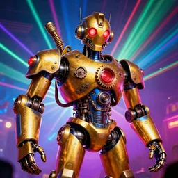 scene is fiesta espuma in amnesia ibiza, portrait photo of a giant huge golden and blue metal steampunk robot, with gears and tubes, eyes are glowing red lightbulbs, shiny crisp finish, 3 d render, 8 k, insaneley detailed, fluorescent colors, haluzinogetic, background is multicolored lasershow