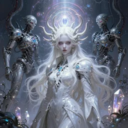 muted vaporwave ombre matte painting beautiful sinister nordic alabaster goth female skullpunk spirit doctor, sleek iridescent enchanted intergalactic mecha garden, man machine chimeric beholder polyphemous, power crystals psychotropic frequencies singularity, nagel, artgerm, wlop james jean andrei riabovitchev marc simonetti yoshitaka amano, artstation, cgsociety