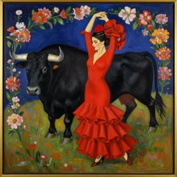 highly detailed painting of flamenco dancer wearing a red dress next to a black bull framed with flowers at night by tamara de lempicka