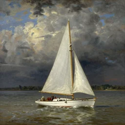 Sail boat floating down the Mississippi river, style of Johannes Christian Schotel.
