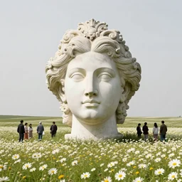 people gathered around an enormous, rococo head in the foreground of a meadow of daises, visible horizon, flat grey sky