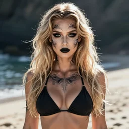 modeling photograph kerli koiv in latex bikini, blonde, beautiful, dark, mysterious, bubble goth makup, detailed symmetrical face, dramatic beach lighting high exposure