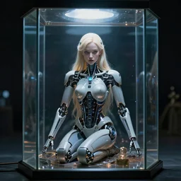 cybernetic princess trapped in a glass box, style of moebius, james jean, mcbess, cinematic, highly detailed, award winning, 8 k photorealistic