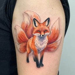 a watercolor tattoo of a nine tailed fox