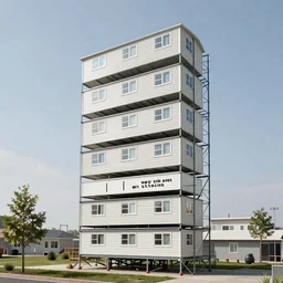 'they call em stacks' a column of stacked single wide mobile homes arranged 12 units high, reinforced steel structure scaffolding, futuristic technology by Jim Burns and Craig Mullins