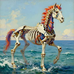 vibrant painting by of a colorful vibrant  water horse skeleton with rok  joints stands in a ocean with halberd in hand, Massive shoulderplates. Extremely high detail, realistic, fantasy art, solo, masterpiece, bones, waves, by Zdzisław Beksiński, Arthur Rackham, Vereschagin,
