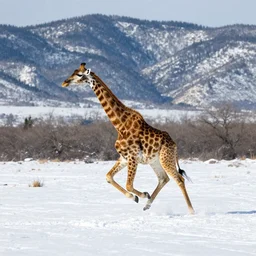 A giraffe runs through deep snow in the Rocky Mountains