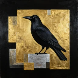 crow, award - winning painting, abstract, gold and silver shapes, rectangles, geometry, elegant, luxurious, beautiful, pitch black background, dali