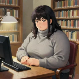 a thick anime woman wearing turtleneck sitting at a desk in a library, a detailed painting by zhou jichang, trending on pixiv, fantasy art, official art, detailed painting, anime
