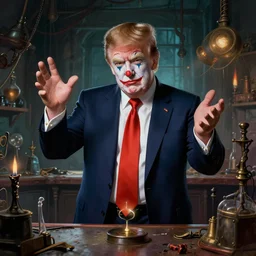arnold schwarzenegger as a clown with donald trump suit, suit and tie, mixing spells in a rundown magic lab, by greg rutkowski and frank frazetta, intricate, artstation, cinematic, style of magic : the gathering