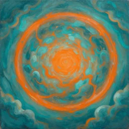 painting of an evil circle, clouds, teal, orange