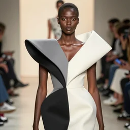 well lit portrait photo medium close up of extremely beautiful woman who is a black statue wearing avant garde asymmetrical distorted comme de garcon haute couture gown in the style of rei kawakubo, couture, avant garde, matthew williams, givenchy, balenciaga, yohji yamamoto, japanese avant garde fashion, fashion, paris, runway, collection, beautifully lit, glossy, hd, 4 k, 8 k, extremely clear focus, sharp, award winning fashion photograph