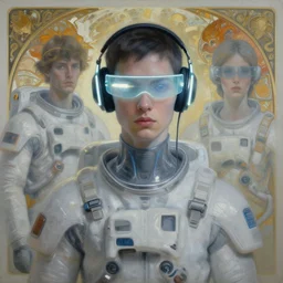 future coder, glowing pencil thin visor over eyes and sleek neon headphones desaturated painting by donato giancola, dean cornwall, rhads, tom whalen, alex grey, alphonse mucha, astronaut cyberpunk electric fashion photography