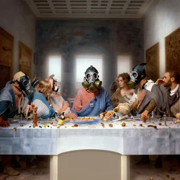 the last supper in gas masks, hyperrealistic, volumetric golden dappled dynamic lighting, highly detailed, sharp focus, elegant, by michael komarck, artgerm