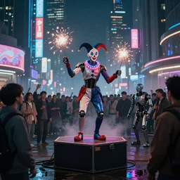a silly futuristic cyberpunk cyborg jester wearing glow in the dark necklaces and juggling sparklers while entertaining a crowd of people and androids on a small box for a stage in the middle of the city square with signs lit up in the back of the city at night, futuristic, chrome, dystopia, neon signs, puddles, high definition, realistic, photograph, photorealistic, cinematic, aesthetically pleasing, lens flare, fog