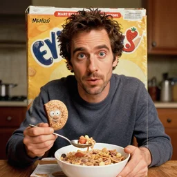 trippy surrealist mark ruffalo portrait on a cereal box by aardman animation