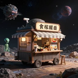 a ramen foodcart on an asteroid at the end of the universe, aliens sitting on stools eating, cosmic and colorful, deep colors and bold strokes, digital drawing