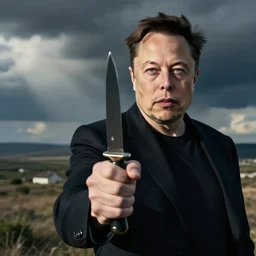 Photograph of Elon Musk threaten to the camera with a knife