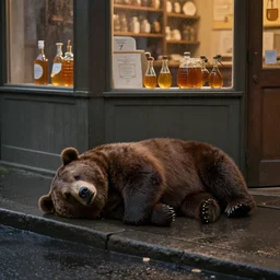 hyper - realistic anthropomorphic bear homeless laying in a dark rainy street corner, honey dispensary
