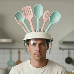 geordi laforge wearing visor and random pastel - colored kitchen tools on his head, single image