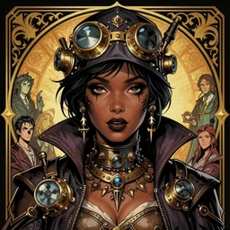 a detailed portrait illustration of a steampunk mage - courtesan. beautiful black female face. art nouveau, pop art, comic book style. influenced by neil gaiman, h. p. lovecraft, dan mumford, brian froud, julie bell, killian eng, ross tran.