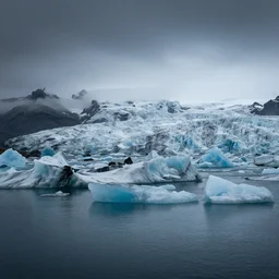 icelandic landscape, moody, cinematic, muted colors, glaciers, ice, water