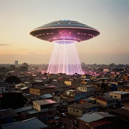 AJEGUNLE SLUMS of Lagos surrounding large UFO within NEON rays of light, wide angle, Gold hour light, analogue photo,