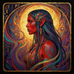 side profile centered painted portrait, female orc forest druid, red skin, tribal, d & d, gloomhaven, matte painting concept art, art nouveau, beautifully backlit, swirly vibrant color lines, fantastically gaudy, aesthetic octane render, 8 k hd resolution, by ilya kuvshinov and cushart krentz and gilleard james