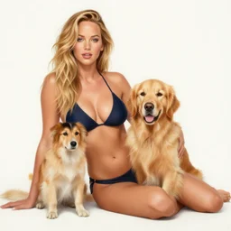 highly detailed painting of jennifer lawrence wearing a bikini and her golden retriever dog, gta 5 cover art style, 8 k, radiant light, detailed and intricate environment, trending on artstation