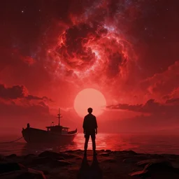 epic professional digital art of red sky landscape with person standing in front of a boat, best on artstation, cgsociety, wlop, cosmic, epic, stunning, gorgeous, much detail, much wow, masterpiece