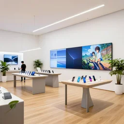 ( ( ( minimalist neon flagship samsung store, white walls. oak floor. hanging lights. geometric furniture, large digital screens. display tables with phones and tablets, verdant plants ) ) ) concept art, realistic materials, john berkey, beeple, wlop, makoto shinkai, yoji shinkawa, wadim kashin, artstation, 4 k