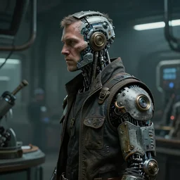 a rugged engineer man with cybernetic enhancements in a laboratory, scifi character portrait by greg rutkowski, esuthio, craig mullins, 1 / 4 headshot, cinematic lighting, dystopian scifi gear, gloomy, profile picture, mechanical, half robot, implants, steampunk