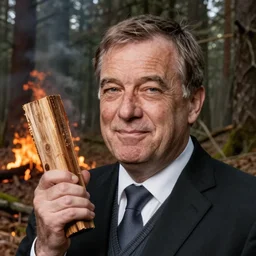 viktor orban burning down a forest, holding a wood piece, highly detailed winking face, by hieronymus bosch