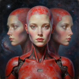 friendly female android, award winning, portrait bust, symmetry, faded red colors, galaxy background, tim hildebrandt, wayne barlowe, bruce pennington, donato giancola, larry elmore, masterpiece, trending on artstation, cinematic composition, beautiful lighting, hyper detailed!!!, 8 k, oil on canvas