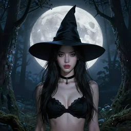 portrait of a beautiful girl as witch in front of the full big moon in a fantasy forest, black bra, by james gurney, max liebermann, greg rutkowski, highly detailed digital art, artstation