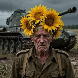 old soldiers head being overgrown by sunflowers, broken tank in background, dark, eerie, despair, portrait photography, war torn, artstation, digital art, adward winning, concept art, artstation, highly detailed, sharp focus, by caravaggio