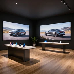 transportation design sketch, automotiv design ( ( ( ( ( serious grounded balanced muted flagship samsung store, black walls. timber floor. low ceilings with spots. curved furniture, with large digital screen. display tables with phones and tablets, pots with plants, large digital screens on the walls ) ) ) ) )