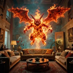 a giant pokemon made of blood and fire floats through the living room, film still from the movie directed by Denis Villeneuve with art direction by Salvador Dalí, wide lens