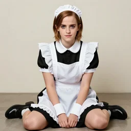 emma watson wearing cosplay maid! costume, full body! shot, sitting!!!!, colored, perfect symmetrical face, perfect eyes!!, by charlotte grimm, natural light, detailed face, canon eos c 3 0 0, ƒ 1. 8, 3 5 mm, 8 k, medium - format print