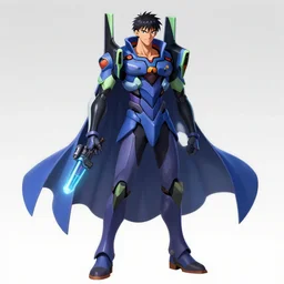 character design digital 2 d man chines samurai cape evangelion pokemon cyborg blue armor with and hologram gun by gaston bussiere, anna nikonova aka newmilky, greg rutkowski, yoji shinkawa, yoshitaka amano, tsutomu nihei, muira, moebius, donato giancola, trending on artstation, featured on pixiv